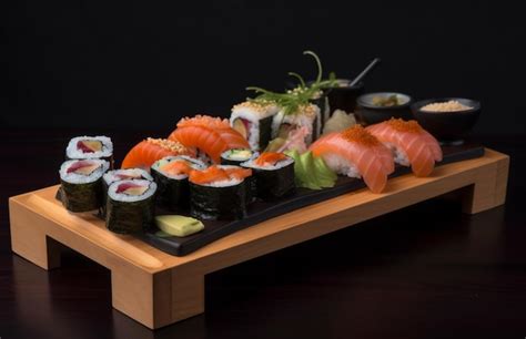 Premium AI Image | A sushi platter with a variety of different types of ...