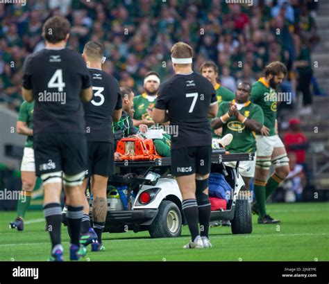 Faf de Klerk is stretchered off with a head injury. 6 August 2022 ...