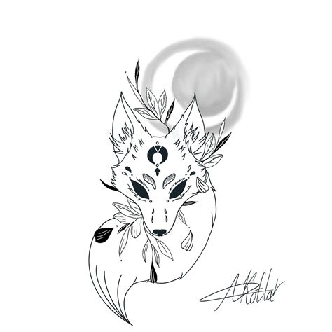 Kitsune Fox With Fluffy Tail and Leafpng Tattoo Sketch - Etsy | Fox ...