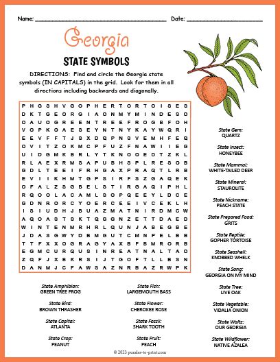 State Symbols of Georgia Word Search