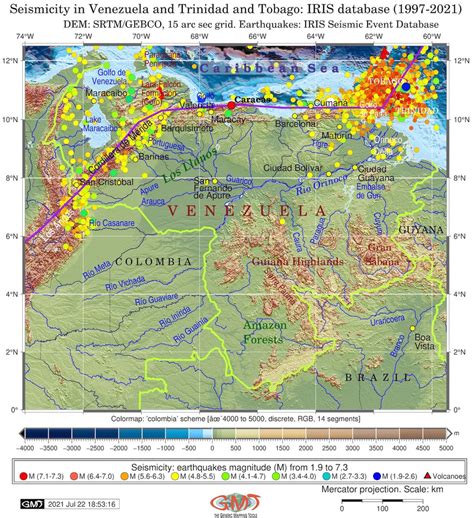 Seismic map of earthquakes in the region of Venezuela. Mapping: GMT ...