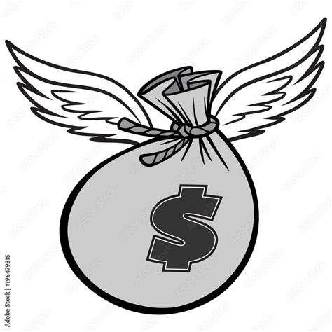 Black And White Flying Bag of Money - A vector cartoon illustration of ...