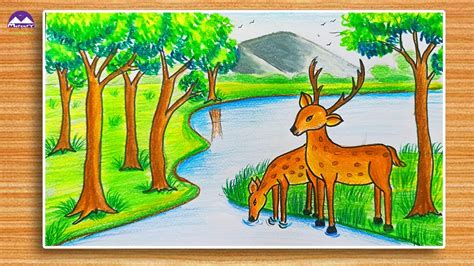 How to draw a deer scenery of forest | How to draw deer with beautiful ...