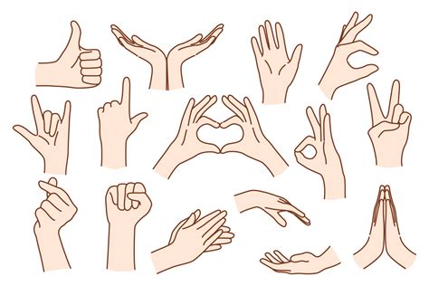 Set of person hands show different hand gestures expressing thoughts ...