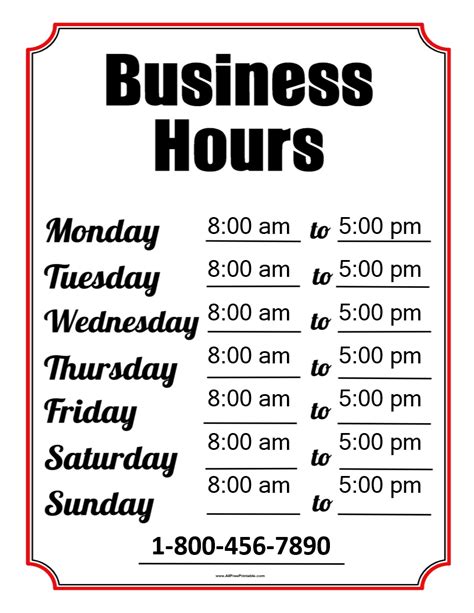 Printable Business Hours Sign Template - Runandwine