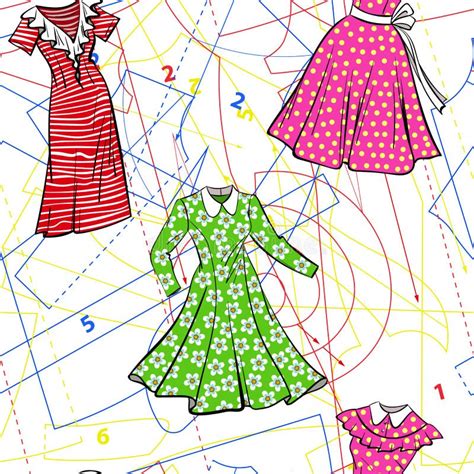 Seamless Vector Sewing Pattern with Paper Patterns and Sketches of ...