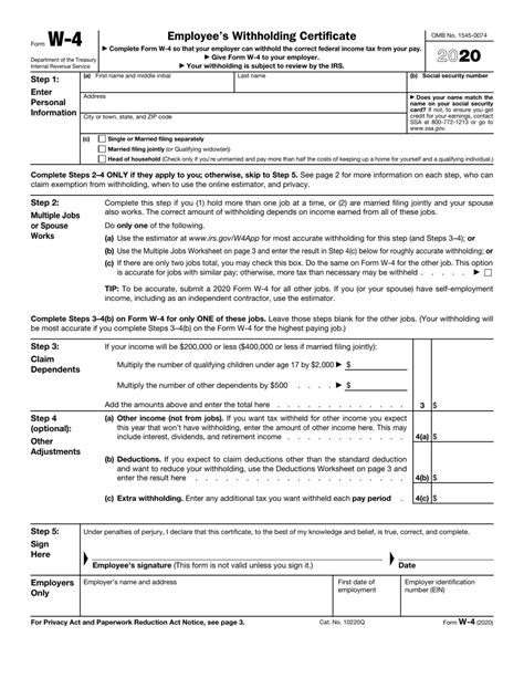 IRS Form W-4 - 2020 - Fill Out, Sign Online and Download Fillable PDF ...