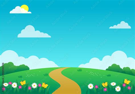 Beautiful nature landscape cartoon illustration with flowers, green ...