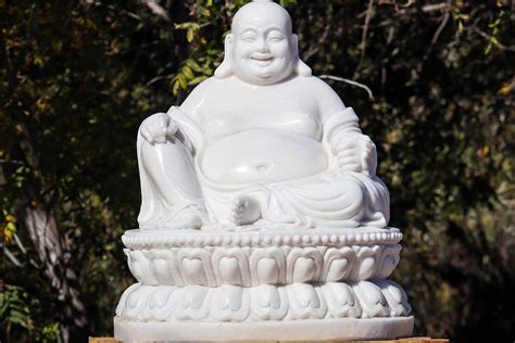 White Marble Hand-Carved Hotei Buddha of Wealth, Joyful Expression ...