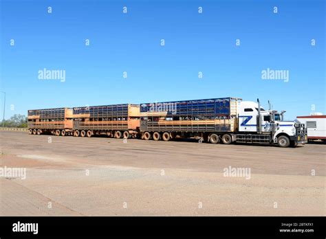 Australian cattle truck road train parked by the side of the Stuart ...