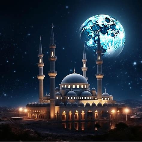 Premium AI Image | Mosque and moon in the night sky Ramadan Kareem ...