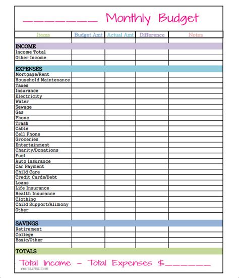 Monthly Budget Template Printable