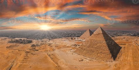 Magical sunset over the Egyptian pyramids. Aerial view of the Pyramids ...