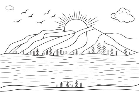 hand-drawn line art landscape mountain view, with sun and clouds, under ...