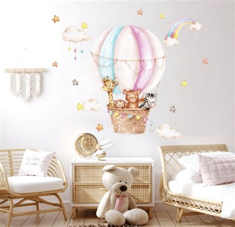 Hot Air Balloon Nursery Wall Decal Watercolor Safari Animals | Etsy ...