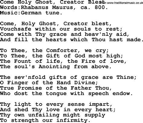 Pentecost Hymns, Song: Come Holy Ghost, Creator Blest - lyrics and PDF