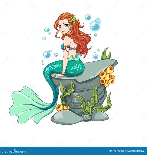 Beautiful Cartoon Mermaid with Curly Red Hair and Green Fish Tail ...