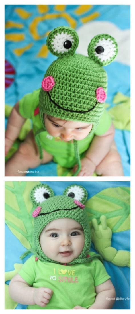 two pictures of a baby wearing a frog hat