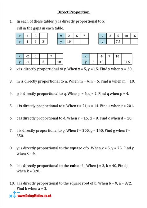 Direct Proportion - Free Maths Worksheet