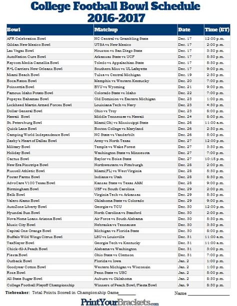 Ncaa Football Bowl Schedule Printable Web Holiday Bowl San Diego, Calif.