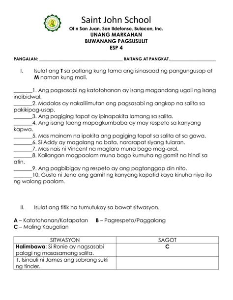 Katotohanan at Paggalang worksheet in 2023 | Workbook, Teachers, Worksheets