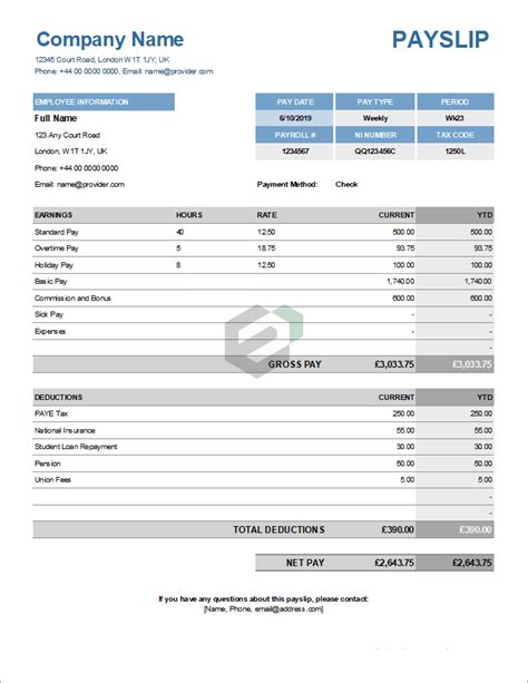 Employee Payslip | Paycheck | Free Excel Customizable Template