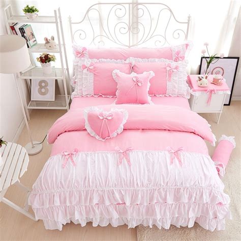 3/4pcs cotton pink princess bedding set lace edge solid pink and white ...