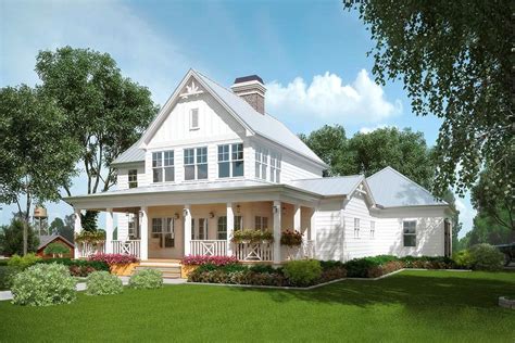 a rendering of a white house with porches and flowers on the front lawn ...