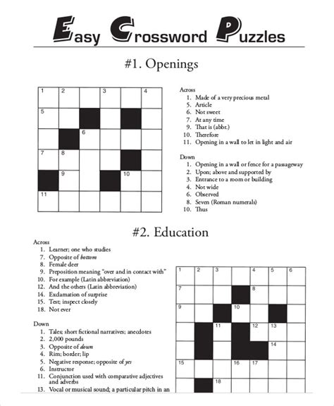 Large Print Beginner Easy Crossword Puzzles Printable