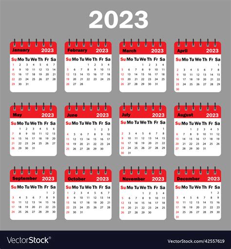 Red calendar 2023 all months of on spiral Vector Image