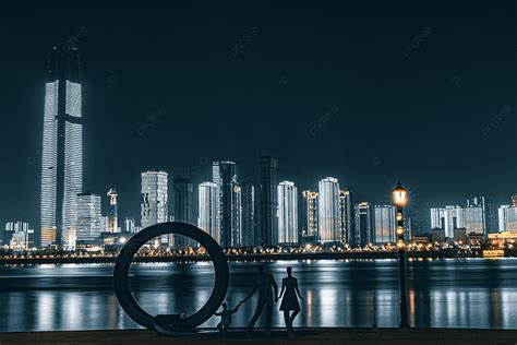 Wuhan City Night View Of A Family Of Three At Night Background, City ...