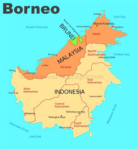 Administrative divisions map of Borneo - Ontheworldmap.com