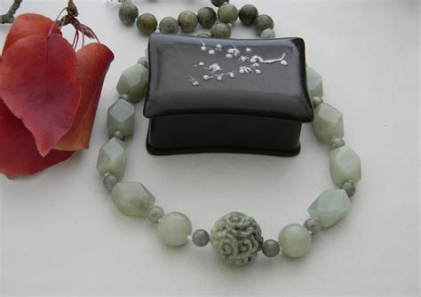 Carved Jade Bead Pendant on Large Celadon Jade Beads Necklace , Silk ...