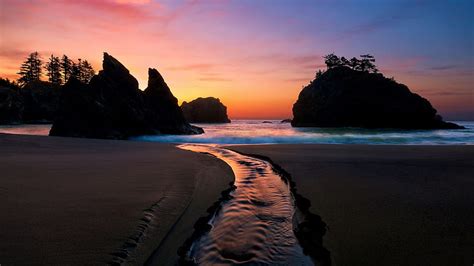 Oregon Coast at Sunset, sky, water, rocks, sea, colors, usa HD ...