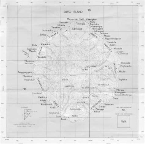 Topographic Map of Savo Island, showing main villages and settlements ...