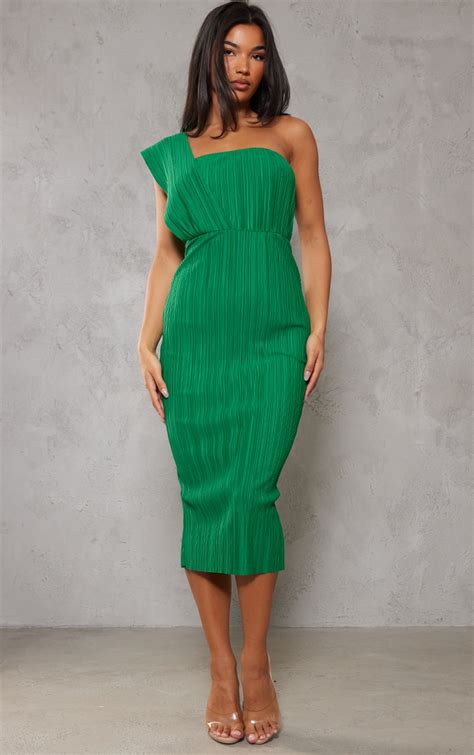 Bright Green One Shoulder Plisse Midi Dress | PrettyLittleThing