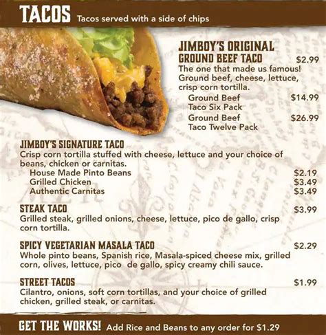 Menu at Jimboy's Tacos fast food, Plano