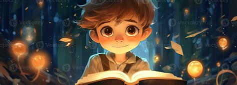 Little boy reading a magic book, fantasy concept. Cartoon illustration ...