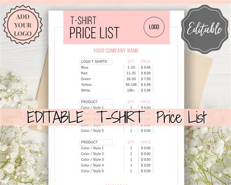 Tshirt PRICE LIST Template Printable Price Sheet, Price Guide, T-shirt ...