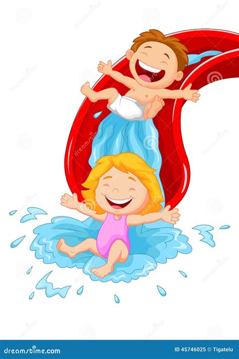 Happy Children Cartoon On Water Slide Stock Vector - Image: 45746025