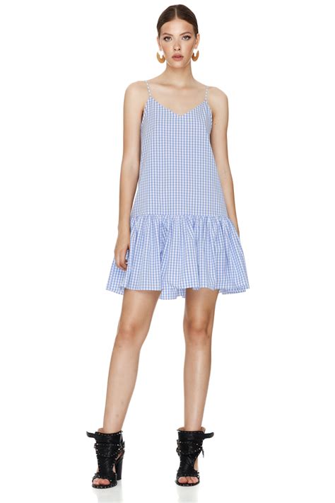 Blue-Checkered Mini Dress With Straps - PNK Casual