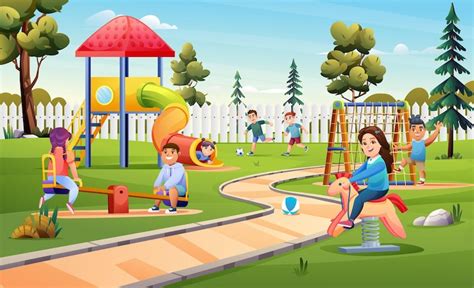 Premium Vector | Cheerful children playing on playground cartoon ...