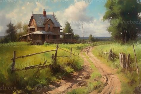 Vintage impressionist old farm house in a field in the morning oil ...