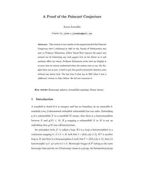 (PDF) A Proof of the Poincare Conjecture, the original from 1987