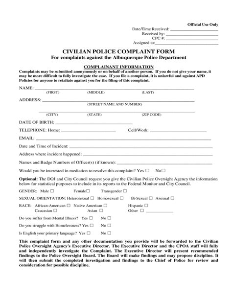 Civilian Police Complaint Form - New Mexico Free Download