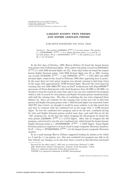 (PDF) Largest known twin primes and Sophie Germain primes