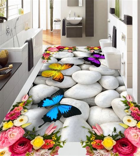 Large 3D Wall Stickers 3D Roses Butterfly Pebbles Wall Mural Floor ...