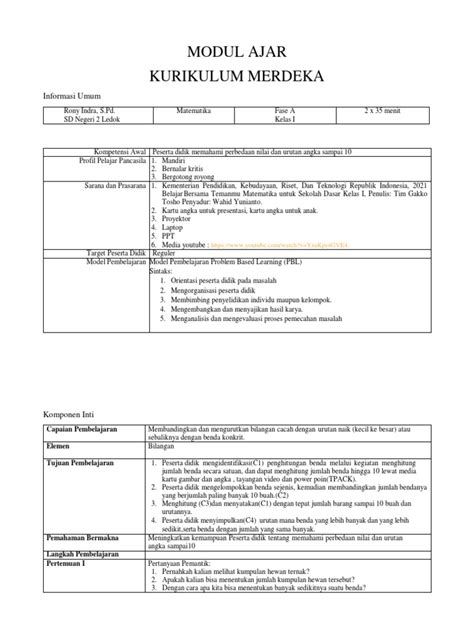 Modul Ajar Kelas 1 Matematika | PDF