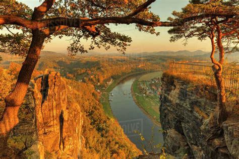 View of Elbe river from Bastei in Elbe Sandstone Mountains, Germany ...