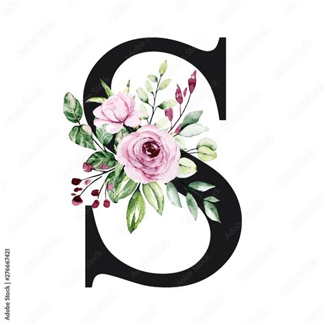 Floral alphabet, letter S with watercolor flowers and leaves. Monogram ...